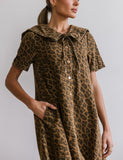 CHOUYATOU Women's Leopard Print Short Sleeve denim Dress Button Down Peter Pan Collar Midi Jean Dress