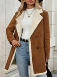 CHOUYATOU Women's Winter Notch Lapel Double Breasted Peacoat Sherpa Fleece Lined Faux Suede Jacket Coat
