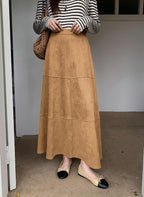 CHOUYATOU Women's Elegant Ruffle Faux Suede Leather Skirt High Waisted A Line Fall Winter Maxi Long Skirt