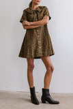 CHOUYATOU Women's Leopard Print Short Sleeve denim Dress Button Down Peter Pan Collar Midi Jean Dress