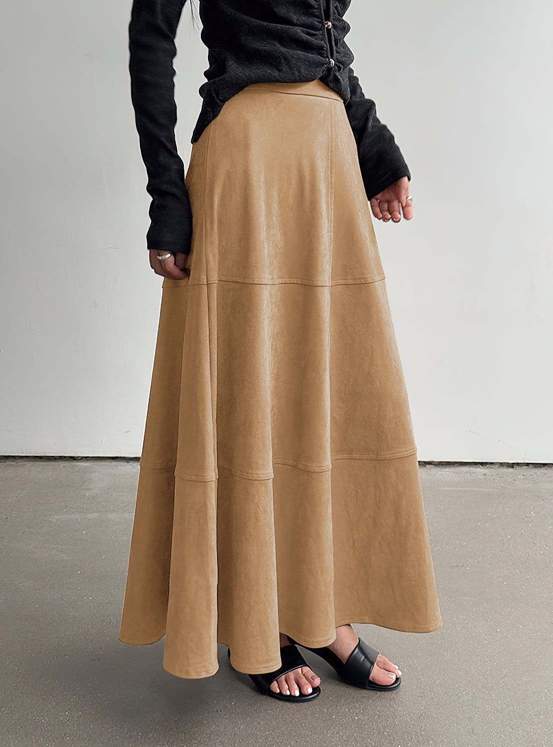 CHOUYATOU Women's Elegant Ruffle Faux Suede Leather Skirt High Waisted A Line Fall Winter Maxi Long Skirt