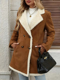 CHOUYATOU Women's Winter Notch Lapel Double Breasted Peacoat Sherpa Fleece Lined Faux Suede Jacket Coat
