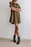 CHOUYATOU Women's Leopard Print Short Sleeve denim Dress Button Down Peter Pan Collar Midi Jean Dress