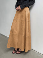 CHOUYATOU Women's Elegant Ruffle Faux Suede Leather Skirt High Waisted A Line Fall Winter Maxi Long Skirt