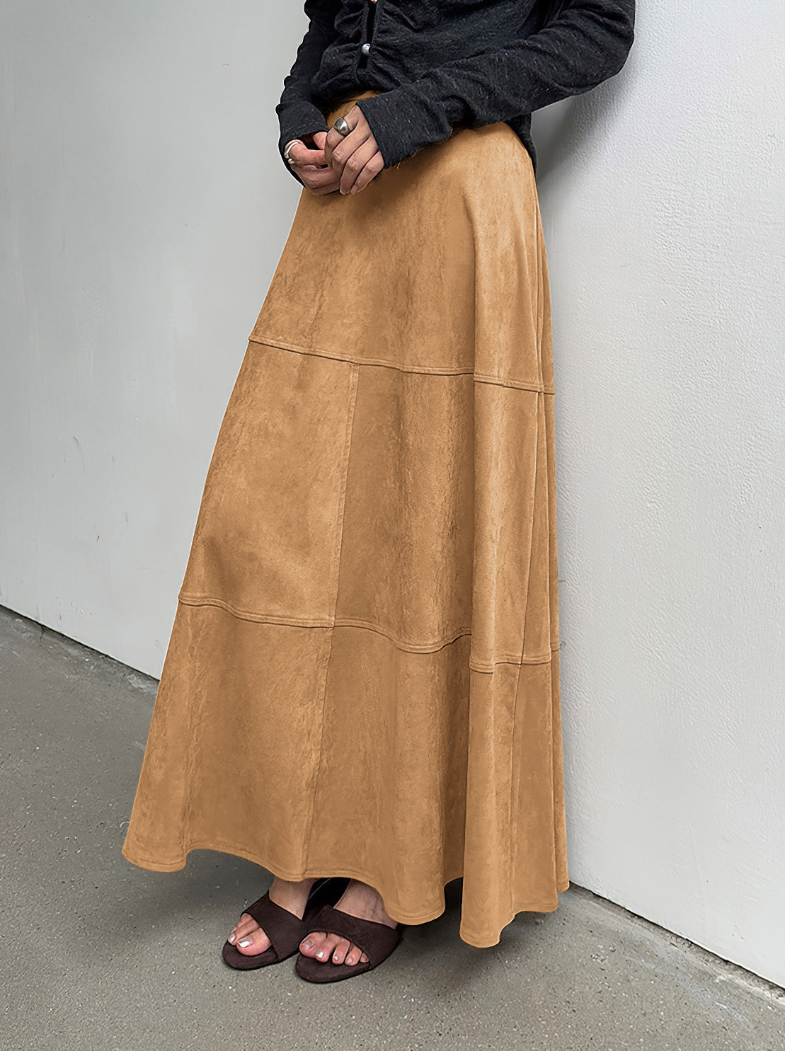 CHOUYATOU Women's Elegant Ruffle Faux Suede Leather Skirt High Waisted A Line Fall Winter Maxi Long Skirt