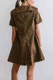 CHOUYATOU Women's Leopard Print Short Sleeve denim Dress Button Down Peter Pan Collar Midi Jean Dress