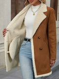 CHOUYATOU Women's Winter Notch Lapel Double Breasted Peacoat Sherpa Fleece Lined Faux Suede Jacket Coat