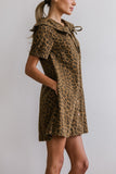 CHOUYATOU Women's Leopard Print Short Sleeve denim Dress Button Down Peter Pan Collar Midi Jean Dress