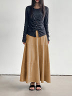 CHOUYATOU Women's Elegant Ruffle Faux Suede Leather Skirt High Waisted A Line Fall Winter Maxi Long Skirt