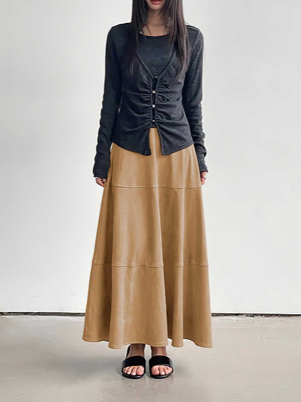 CHOUYATOU Women's Elegant Ruffle Faux Suede Leather Skirt High Waisted A Line Fall Winter Maxi Long Skirt