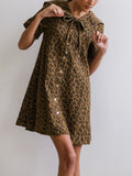 CHOUYATOU Women's Leopard Print Short Sleeve denim Dress Button Down Peter Pan Collar Midi Jean Dress
