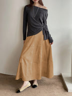 CHOUYATOU Women's Elegant Ruffle Faux Suede Leather Skirt High Waisted A Line Fall Winter Maxi Long Skirt