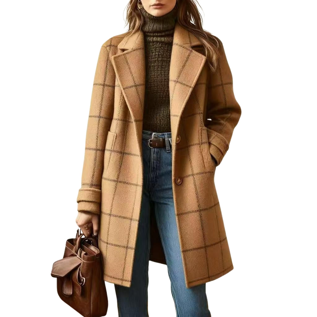 CHOUYATOU Womens Winter Notched Collar Mid Long Plaid Wool Trench Coat  Wool Peacoat,Wool Blend,Single Breasted,Overcoat,Outerwear,Winter Warm,Checkered Print,Dressy,Outfits,Lapel Collar