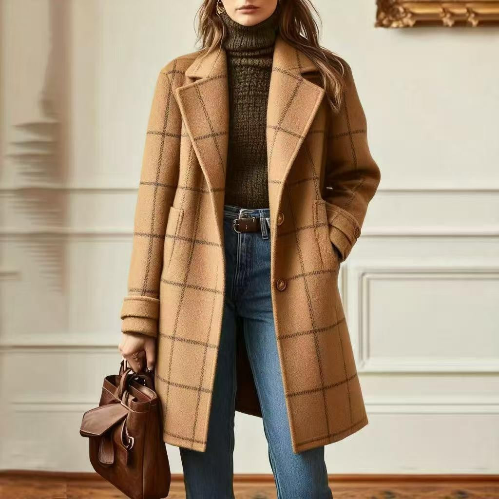 CHOUYATOU Womens Winter Notched Collar Mid Long Plaid Wool Trench Coat  Wool Peacoat,Wool Blend,Single Breasted,Overcoat,Outerwear,Winter Warm,Checkered Print,Dressy,Outfits,Lapel Collar