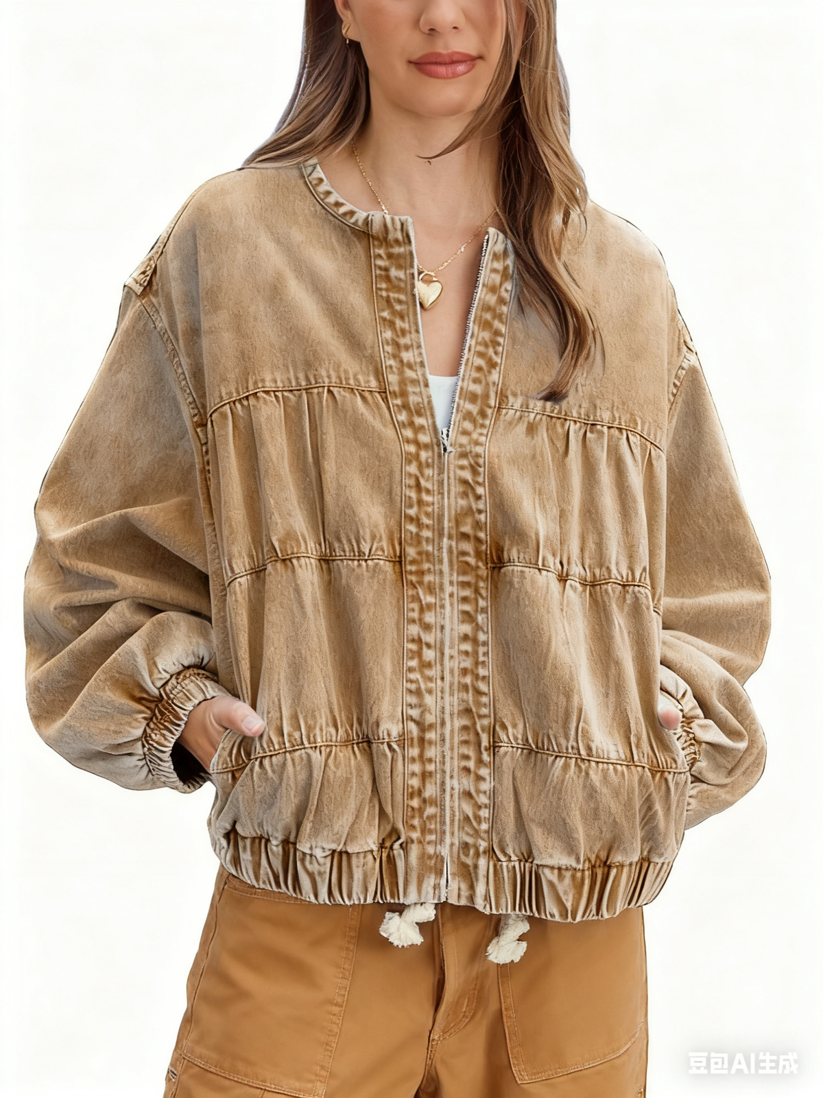 Chouyatou Women Spring Fall Oversized Jean Jacket Trendy Lightweight Y2K Floral Denim Bomber Jacket Coat