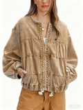 CHOUYATOU Women Spring Fall Oversized Jean Jacket Trendy Lightweight Y2K Floral Denim Bomber Jacket Coat
