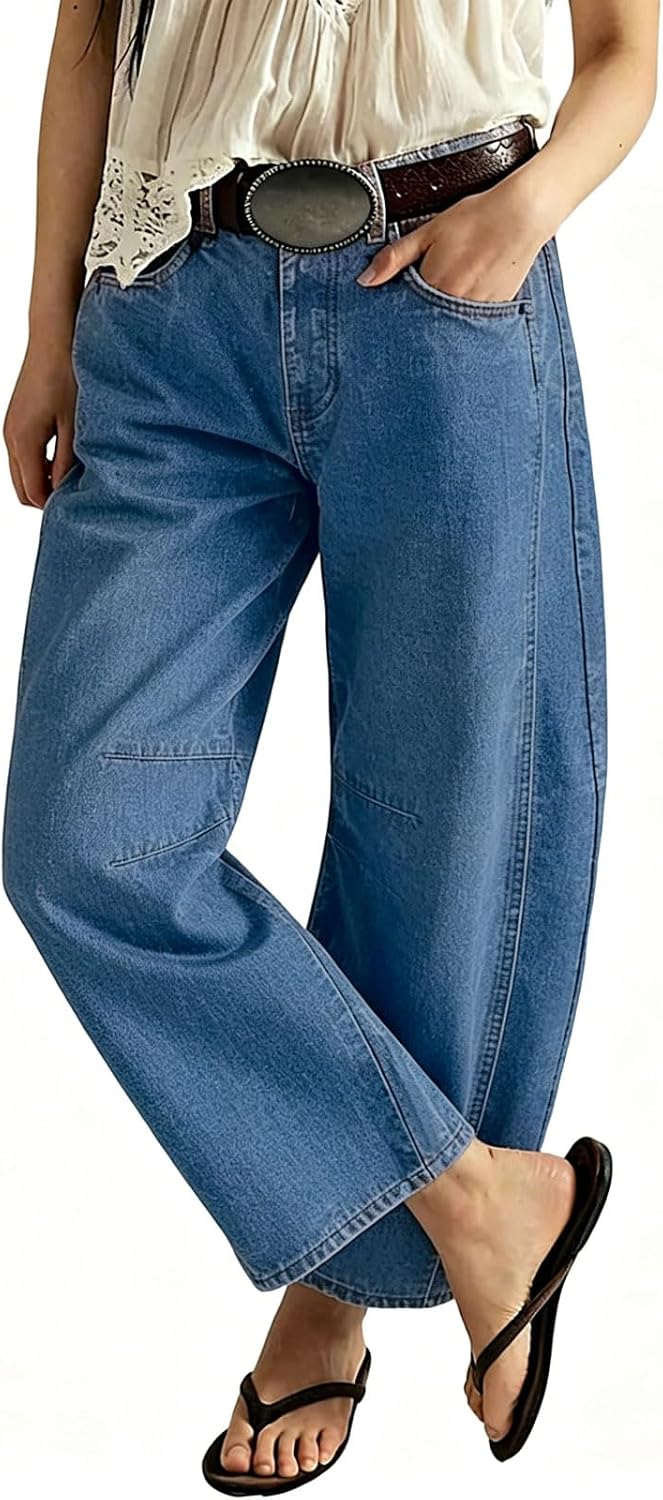 Chouyatou Women Casual Wide Leg Mid Rise Jeans Baggy Barrel Jeans Denim Pull On Pants Sweatpants Y2k Boyfriend Boho Ankle Pant