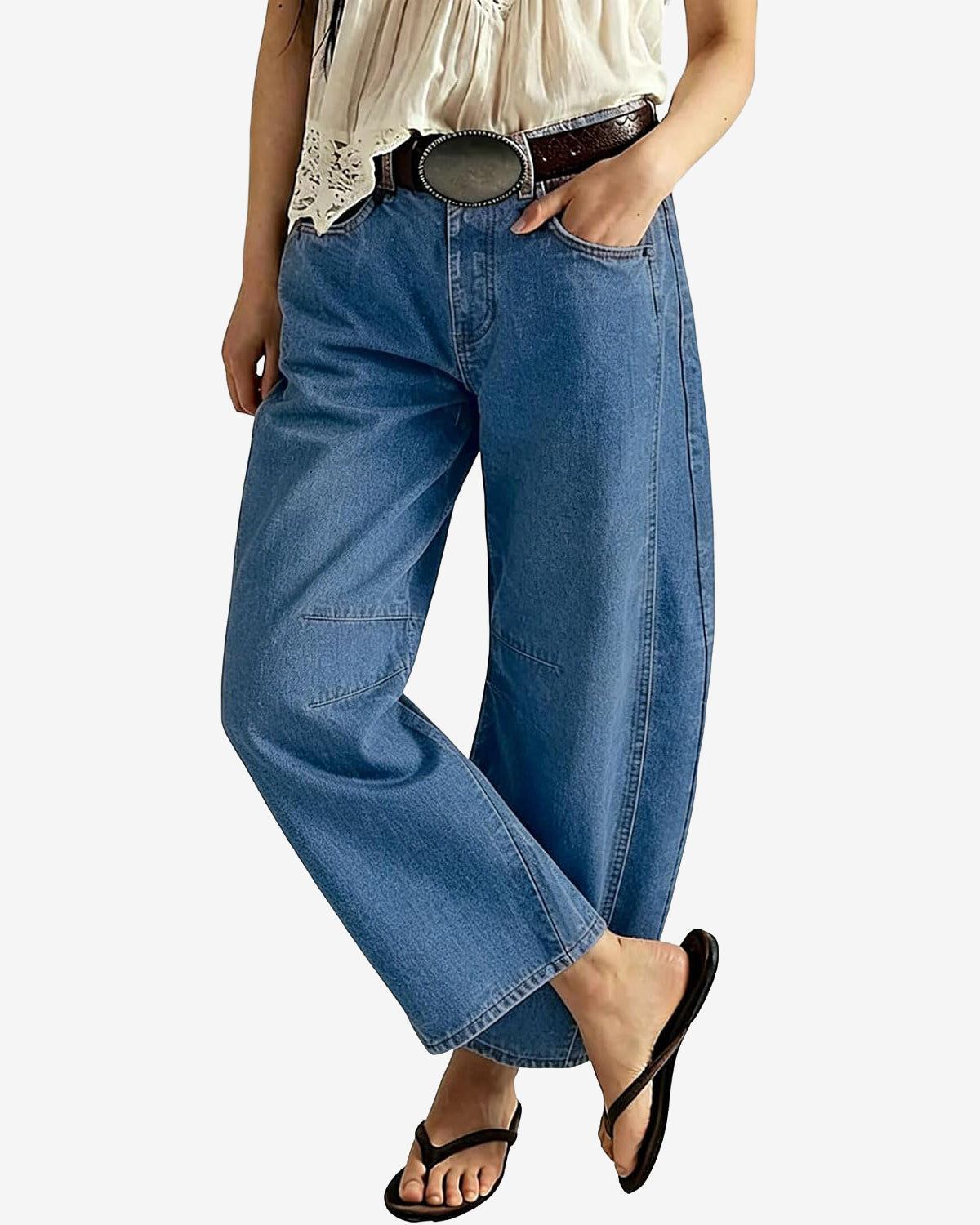 Chouyatou Women Casual Wide Leg Mid Rise Jeans Baggy Barrel Jeans Denim Pull On Pants Sweatpants Y2k Boyfriend Boho Ankle Pant