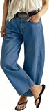 Chouyatou Women Casual Wide Leg Mid Rise Jeans Baggy Barrel Jeans Denim Pull On Pants Sweatpants Y2k Boyfriend Boho Ankle Pant