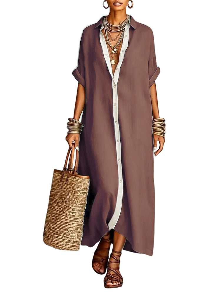 Chouyatou Women's Contrast Color Button Down Shirt Dress Short Sleeve Cotton Linen Casual Loose Beach Long Maxi Dress