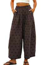 CHOUYATOU Women Summer Boho Cotton Linen Polka Dot Pants Beach Elastic Waist Palazzo Wide Leg Barrel Pants