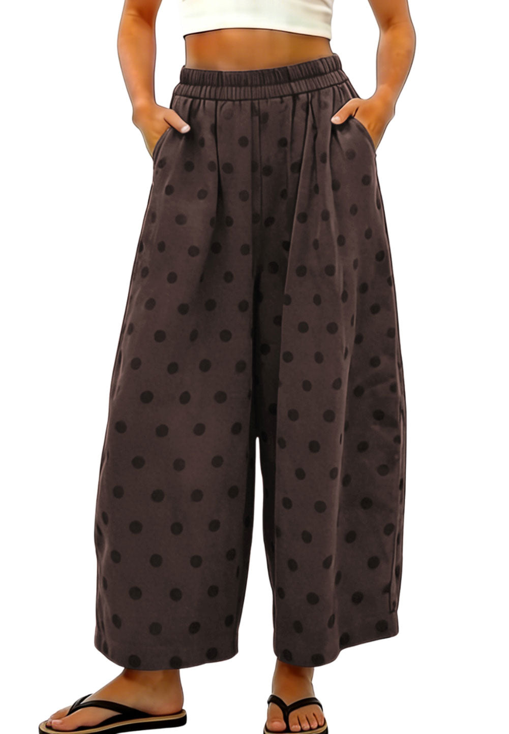 CHOUYATOU Women Summer Boho Cotton Linen Polka Dot Pants Beach Elastic Waist Palazzo Wide Leg Barrel Pants