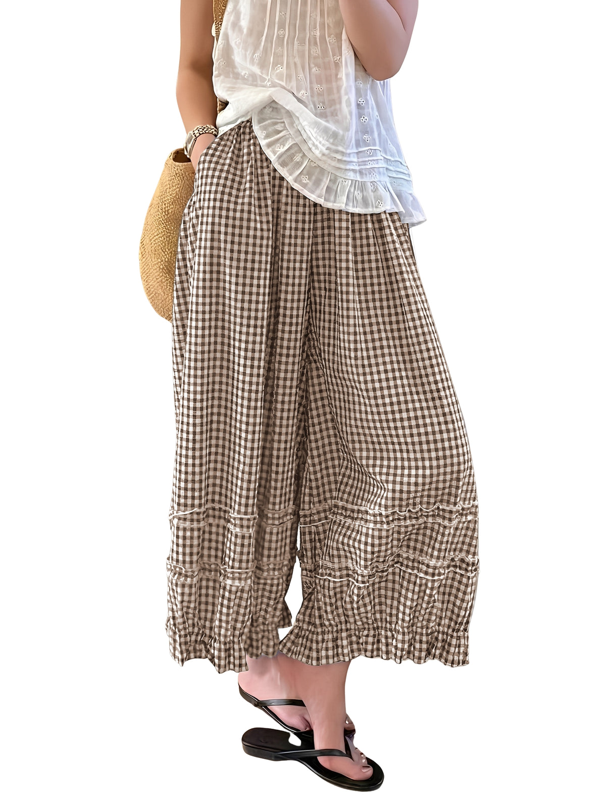 Chouyatou Women Summer Ruffle Hem Crop Cotton Linen Pants Beach Plaid Gingham Wide Leg Pants Palazzos