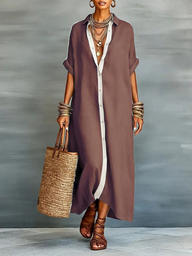 Chouyatou Women's Contrast Color Button Down Shirt Dress Short Sleeve Cotton Linen Casual Loose Beach Long Maxi Dress