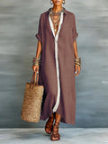CHOUYATOU Women's Contrast Color Button Down Shirt Dress Short Sleeve Cotton Linen Casual Loose Beach Long Maxi Dress