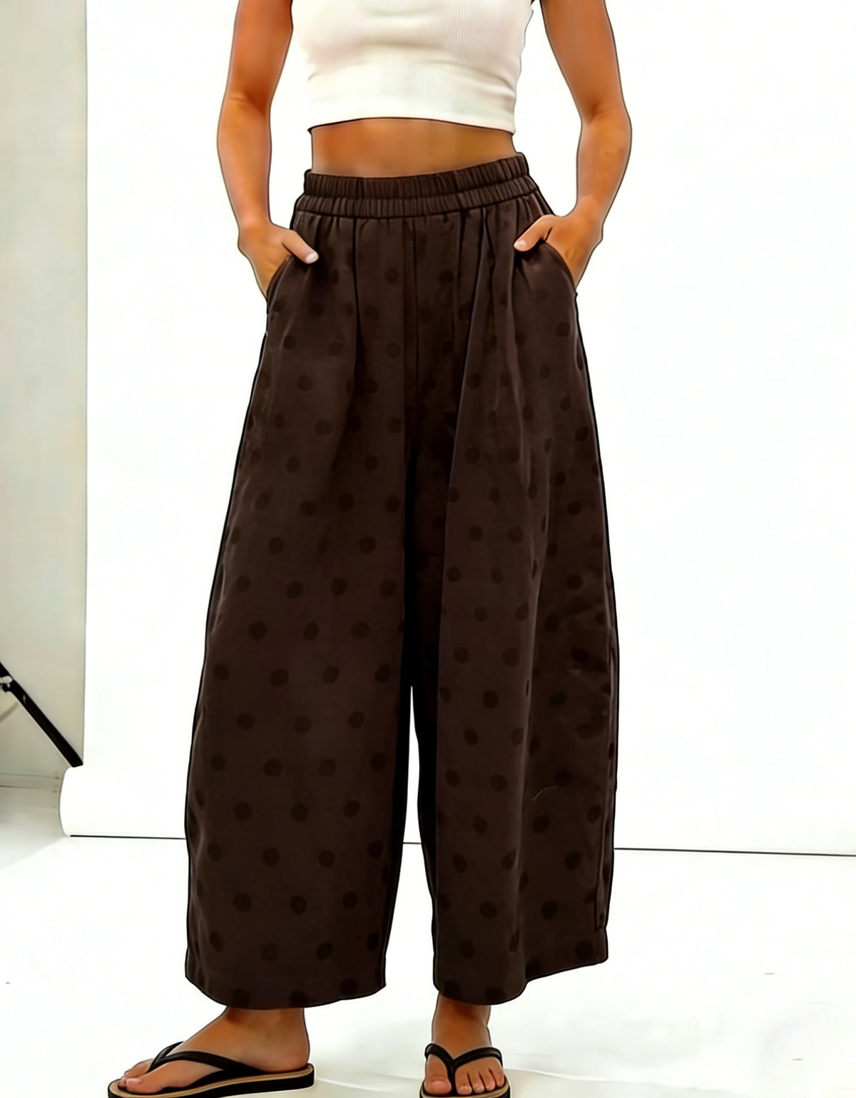 CHOUYATOU Women Summer Boho Cotton Linen Polka Dot Pants Beach Elastic Waist Palazzo Wide Leg Barrel Pants