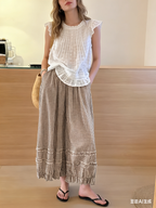 Chouyatou Women Summer Ruffle Hem Crop Cotton Linen Pants Beach Plaid Gingham Wide Leg Pants Palazzos