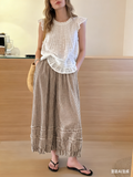 CHOUYATOU Women 2026 Summer Ruffle Hem Crop Cotton Linen Pants Beach Plaid Gingham Wide Leg Pants Palazzos