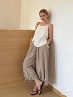 Chouyatou Women Summer Ruffle Hem Crop Cotton Linen Pants Beach Plaid Gingham Wide Leg Pants Palazzos