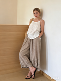 CHOUYATOU Women 2026 Summer Ruffle Hem Crop Cotton Linen Pants Beach Plaid Gingham Wide Leg Pants Palazzos
