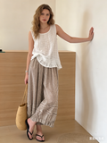 CHOUYATOU Women 2026 Summer Ruffle Hem Crop Cotton Linen Pants Beach Plaid Gingham Wide Leg Pants Palazzos