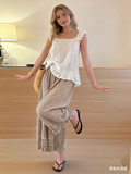 CHOUYATOU Women 2026 Summer Ruffle Hem Crop Cotton Linen Pants Beach Plaid Gingham Wide Leg Pants Palazzos