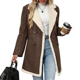 CHOUYATOU Women's Winter Notch Lapel Double Breasted Peacoat Sherpa Fleece Lined Faux Suede Jacket Coat
