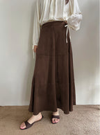 CHOUYATOU Women's Elegant Ruffle Faux Suede Leather Skirt High Waisted A Line Fall Winter Maxi Long Skirt