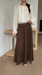 CHOUYATOU Women's Elegant Ruffle Faux Suede Leather Skirt High Waisted A Line Fall Winter Maxi Long Skirt
