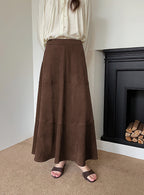 CHOUYATOU Women's Elegant Ruffle Faux Suede Leather Skirt High Waisted A Line Fall Winter Maxi Long Skirt