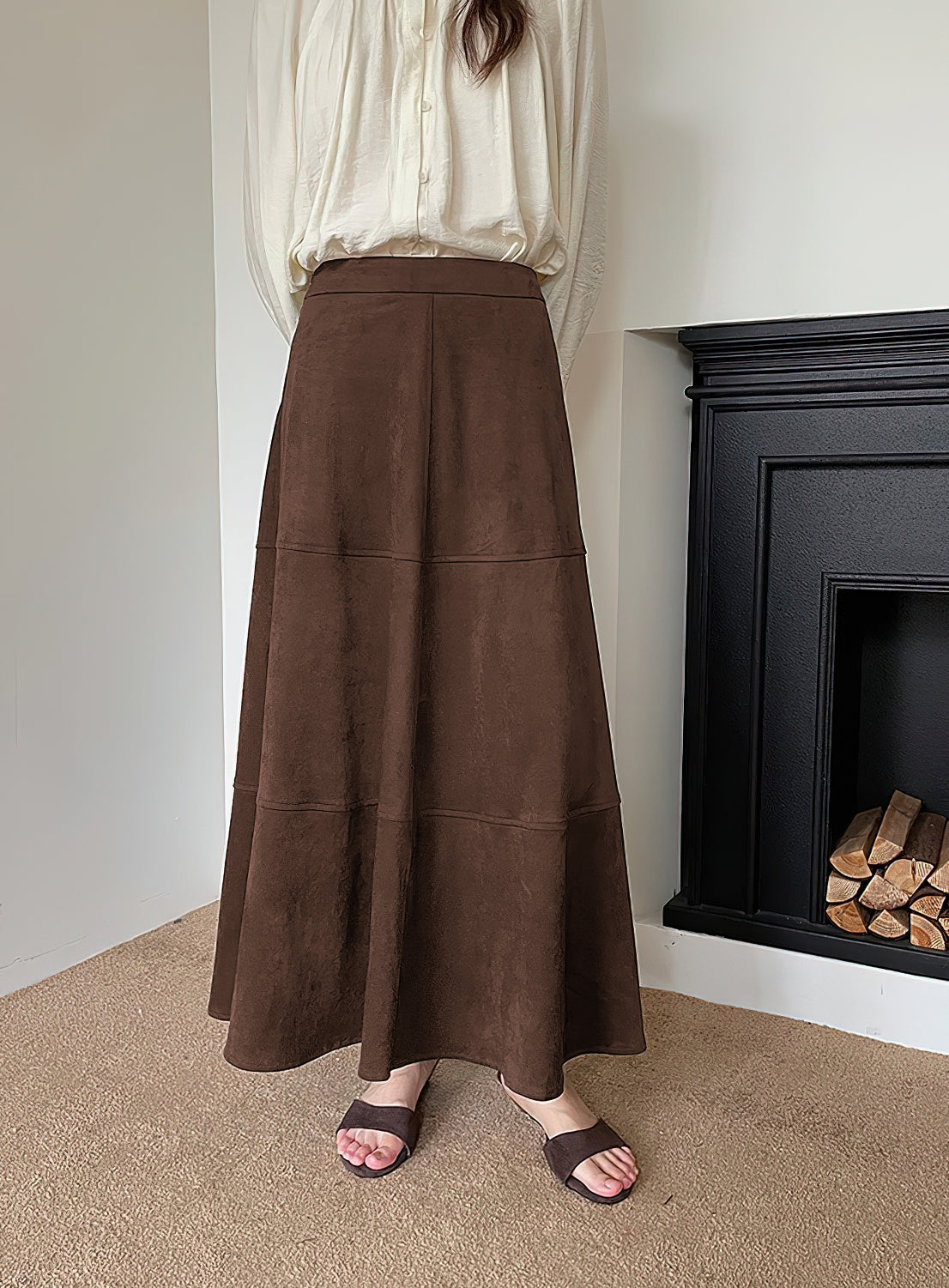 CHOUYATOU Women's Elegant Ruffle Faux Suede Leather Skirt High Waisted A Line Fall Winter Maxi Long Skirt
