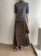 CHOUYATOU Women's Elegant Ruffle Faux Suede Leather Skirt High Waisted A Line Fall Winter Maxi Long Skirt