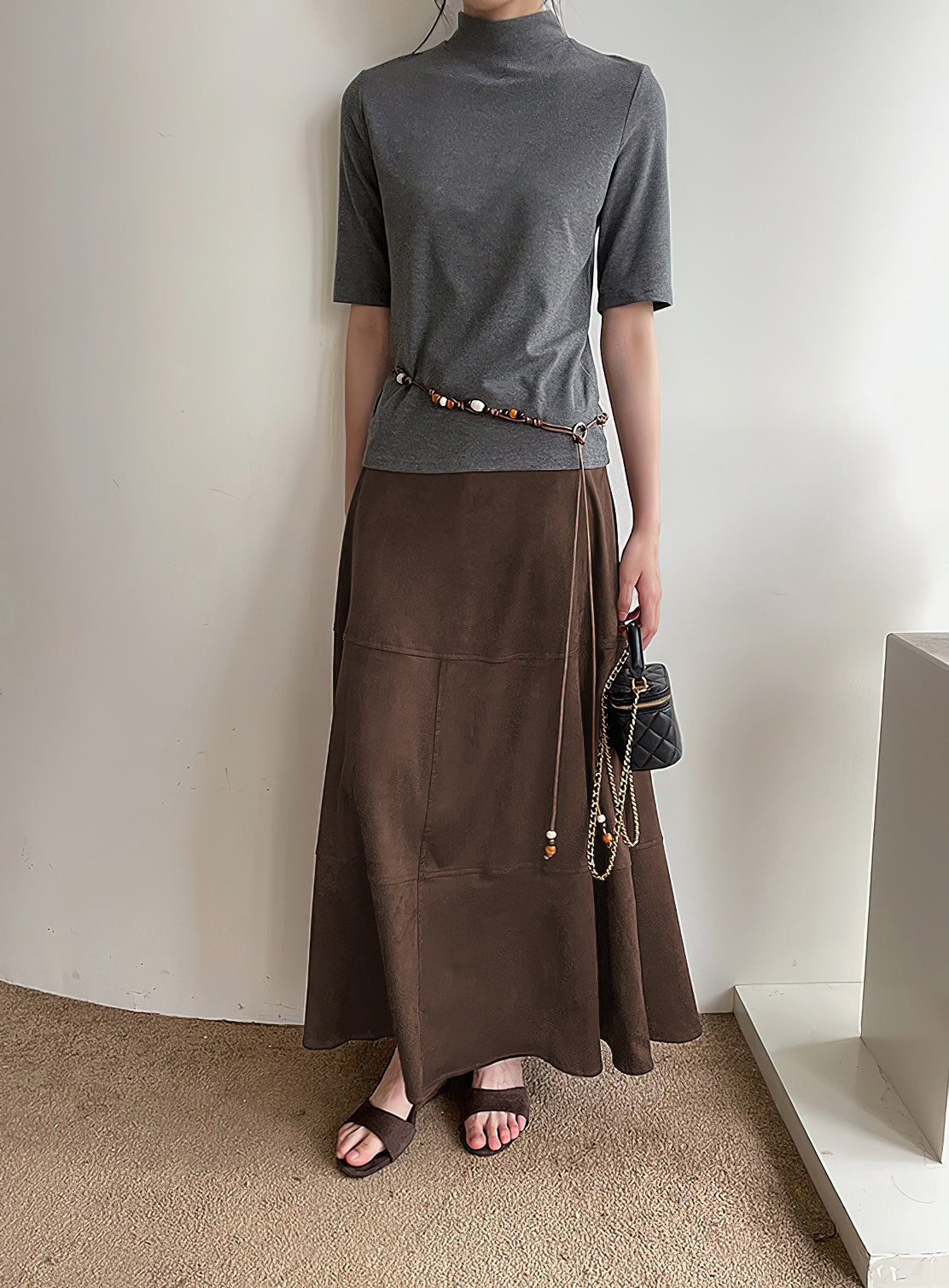 CHOUYATOU Women's Elegant Ruffle Faux Suede Leather Skirt High Waisted A Line Fall Winter Maxi Long Skirt