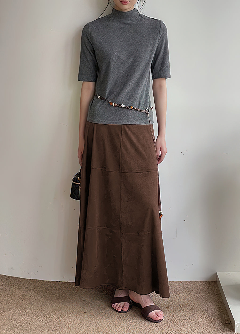 CHOUYATOU Women's Elegant Ruffle Faux Suede Leather Skirt High Waisted A Line Fall Winter Maxi Long Skirt