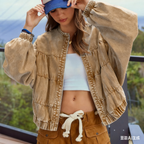 Chouyatou Women Spring Fall Oversized Jean Jacket Trendy Lightweight Y2K Floral Denim Bomber Jacket Coat
