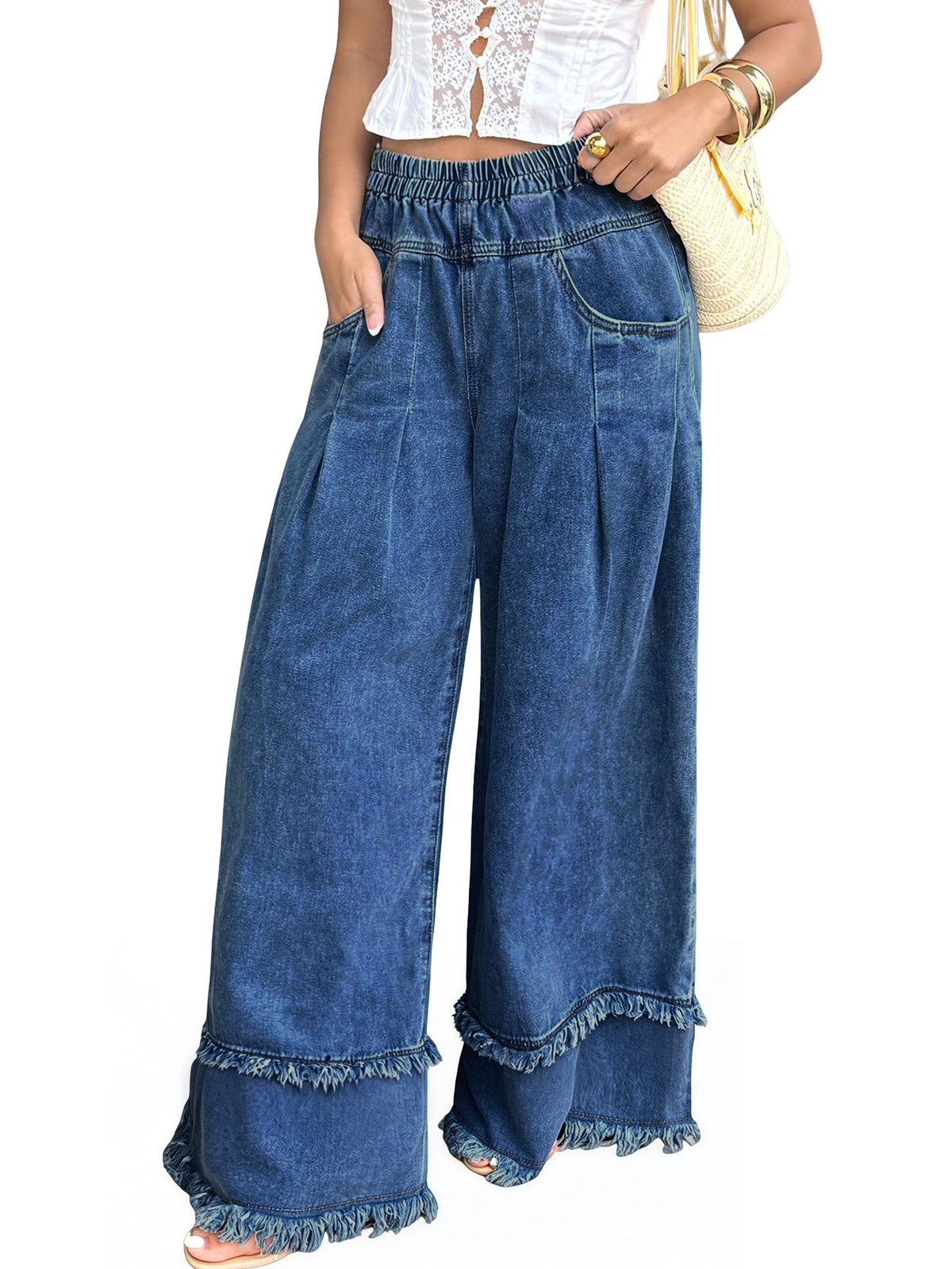 CHOUYATOU Women's Frayed Fringe Wide Leg Jeans Pleated Baggy Denim Pants | Elastic Waistband, Fringed Tassel Hem, Elegant Pleats, Baggy Loose Fit, With Pockets, Jeans For Women Fringe Bottom