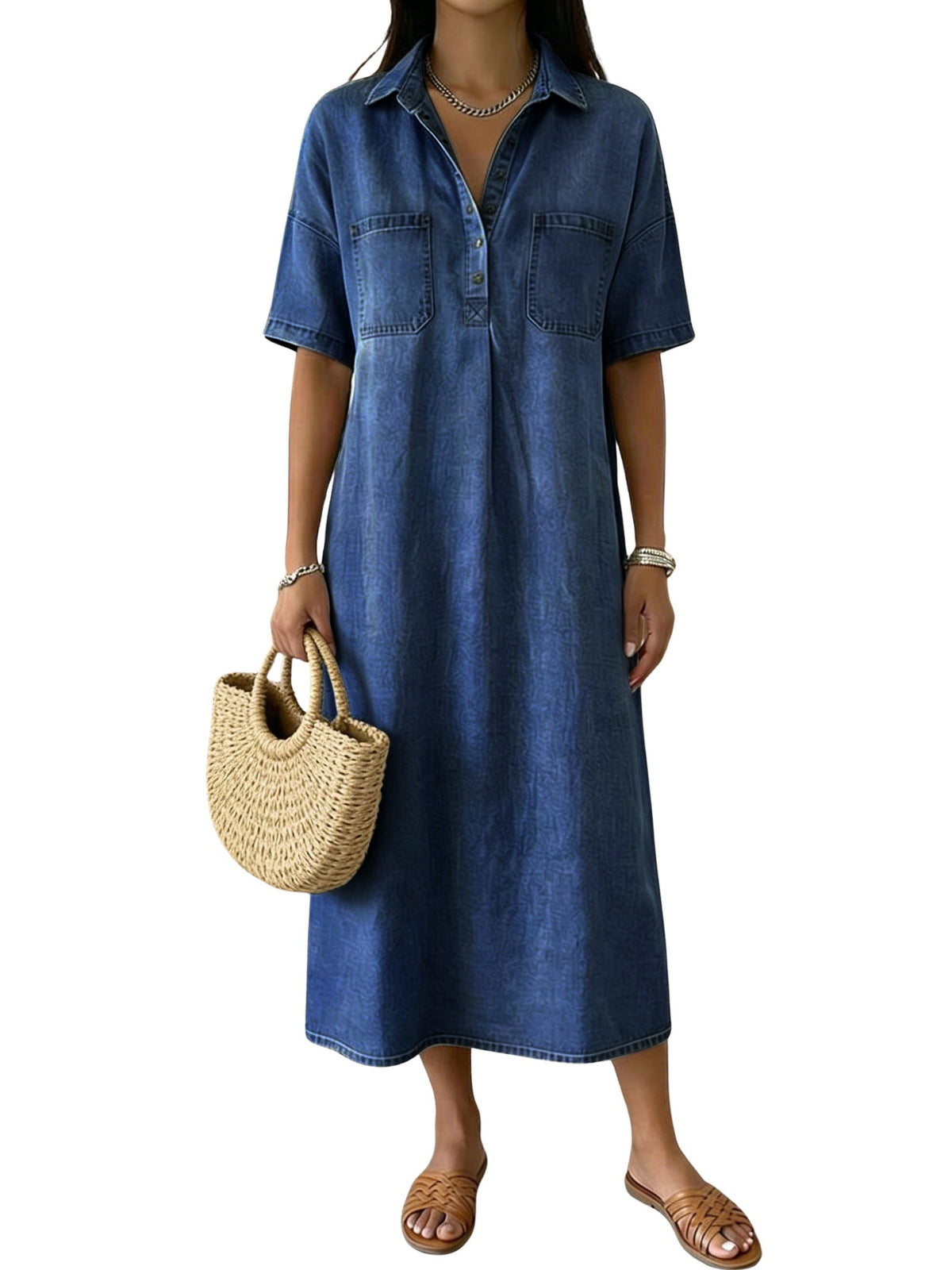 Chouyatou Women's Distressed Button Up Denim Polo Shirt Dress Short Sleeve Casual Loose Pleated Jean Midi Long Dress