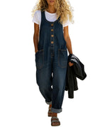 CHOUYATOU Women's Suspender Strap Loose Denim Bib Overalls Y2k Baggy Distressed Jeans Wide Leg Jumpsuit Pants