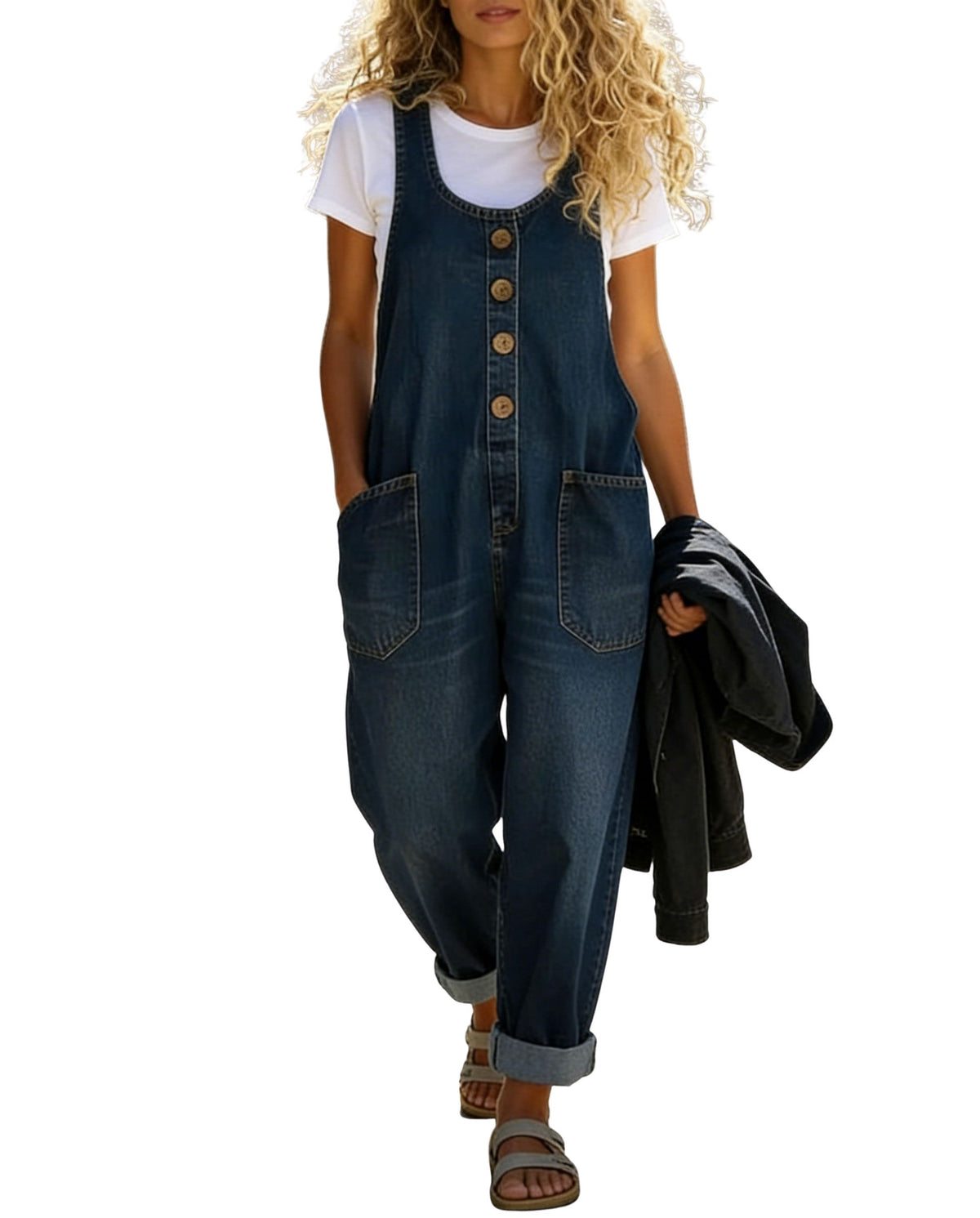 CHOUYATOU Women's Suspender Strap Loose Denim Bib Overalls Y2k Baggy Distressed Jeans Wide Leg Jumpsuit Pants