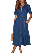 Chouyatou Women Summer Belted Button Down Denim Shirt Dress Business Casual Short Sleeve Jean Shirt Dress